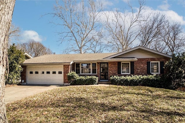 single story home featuring brick siding, driveway, a front lawn, and a garage