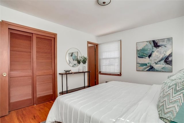 bedroom with wood finished floors and a closet