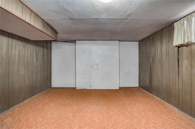 finished basement featuring wooden walls and carpet floors