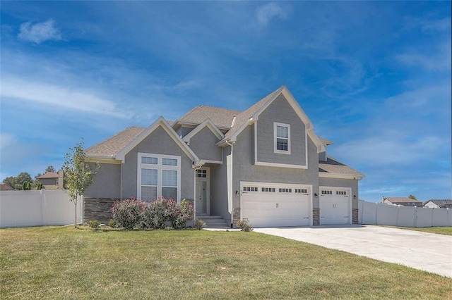 craftsman house with fence, stone siding, driveway, stucco siding, and a front lawn