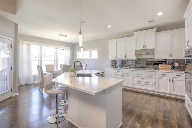 kitchen with dark wood-style floors, a sink, a kitchen island with sink, under cabinet range hood, and backsplash