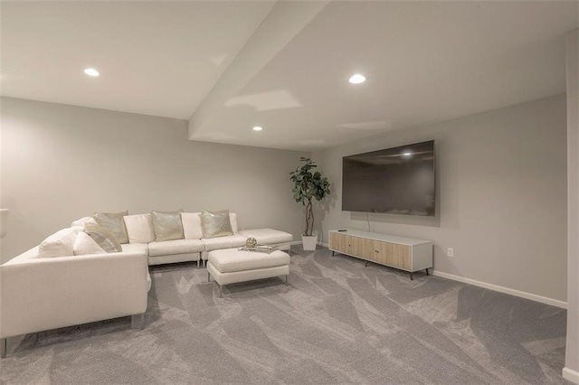 living room with baseboards, carpet flooring, and recessed lighting