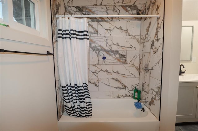 full bath with shower / bathtub combination with curtain and vanity