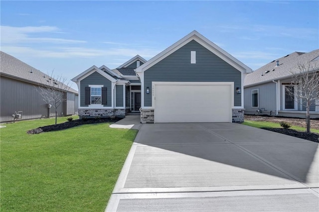 ranch-style home featuring a garage, stone siding, concrete driveway, and a front lawn