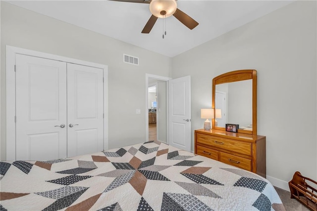 bedroom with a closet, visible vents, and a ceiling fan