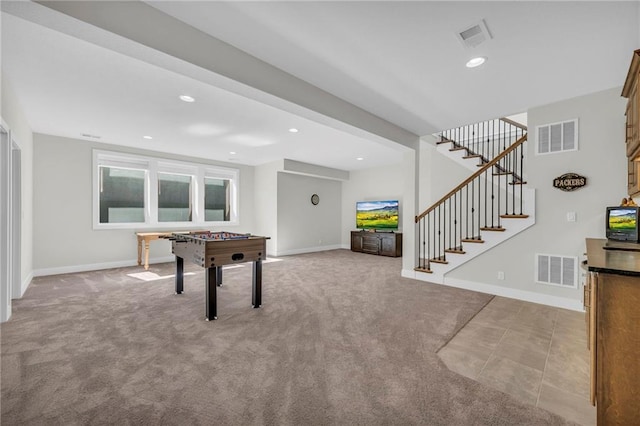 game room with carpet flooring, recessed lighting, visible vents, and baseboards