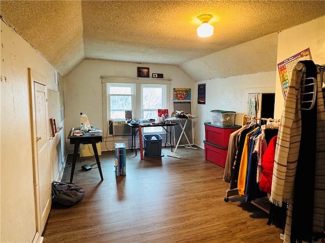 additional living space with lofted ceiling, a textured ceiling, and wood finished floors