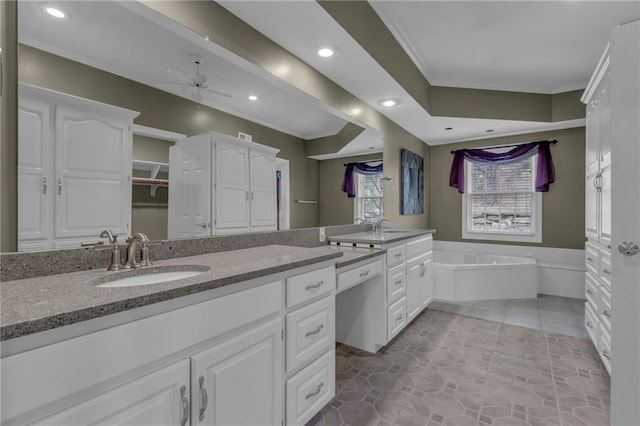 full bath with vanity, a ceiling fan, ornamental molding, a closet, and a bath