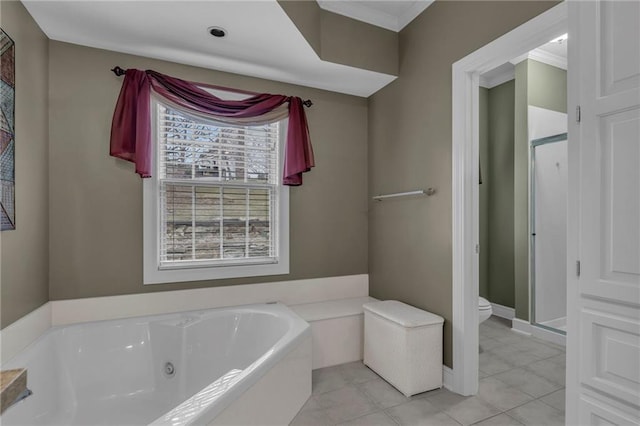 bathroom with tile patterned floors, a shower stall, toilet, and a whirlpool tub