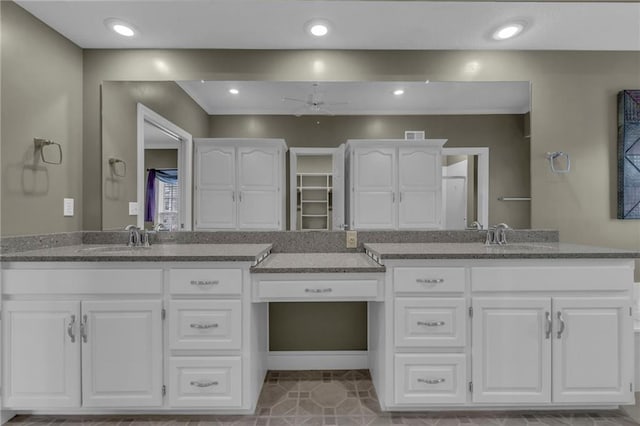 bathroom featuring recessed lighting, vanity, a ceiling fan, and tile patterned flooring