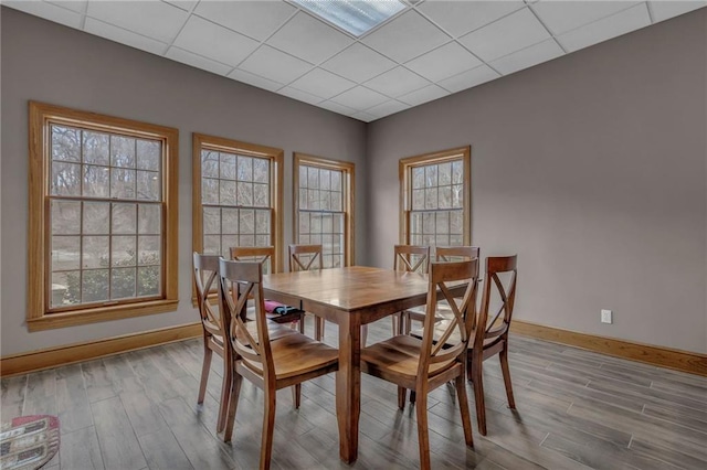 dining space with baseboards, a paneled ceiling, and wood finished floors