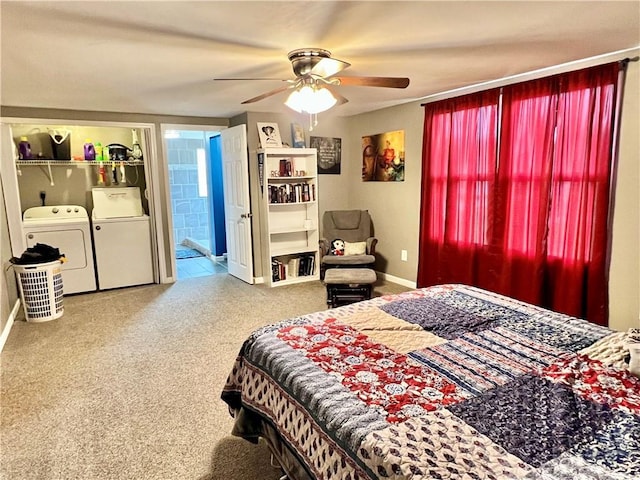 bedroom featuring ceiling fan, carpet floors, washing machine and dryer, and baseboards