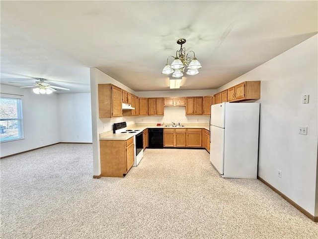 kitchen with light countertops, a sink, white appliances, under cabinet range hood, and baseboards