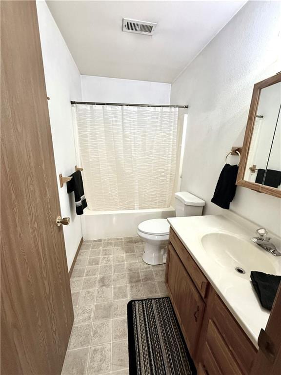 full bathroom with toilet, visible vents, shower / bath combination with curtain, and vanity