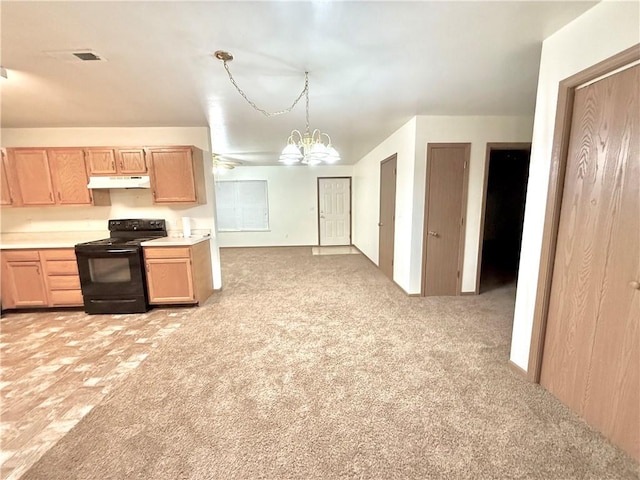 kitchen featuring light carpet, light brown cabinetry, under cabinet range hood, black range with electric cooktop, and a chandelier