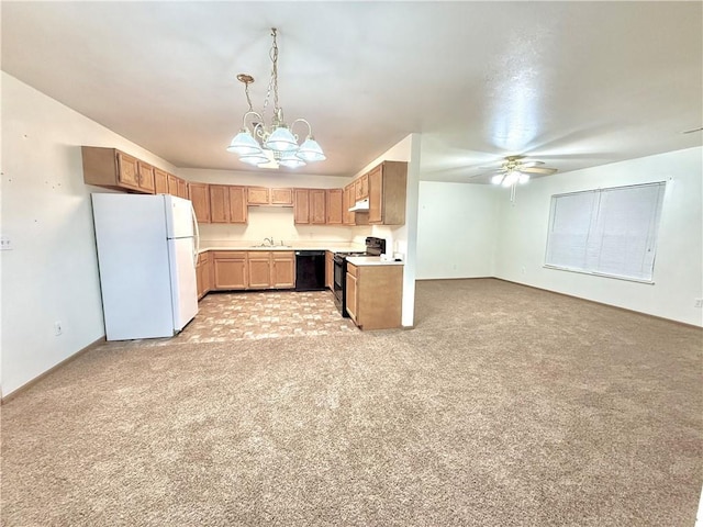 kitchen featuring light colored carpet, open floor plan, under cabinet range hood, black appliances, and a sink