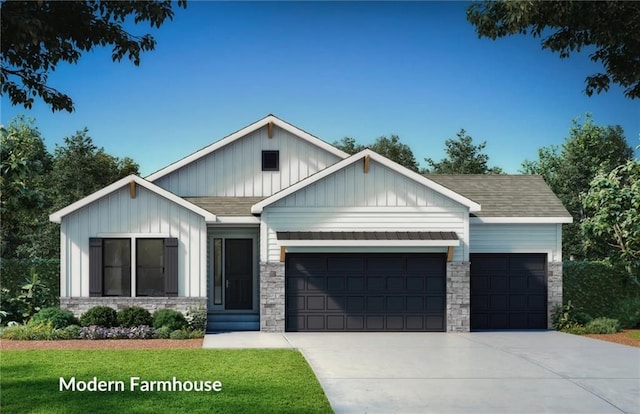 view of front of property with driveway, an attached garage, a shingled roof, stone siding, and board and batten siding