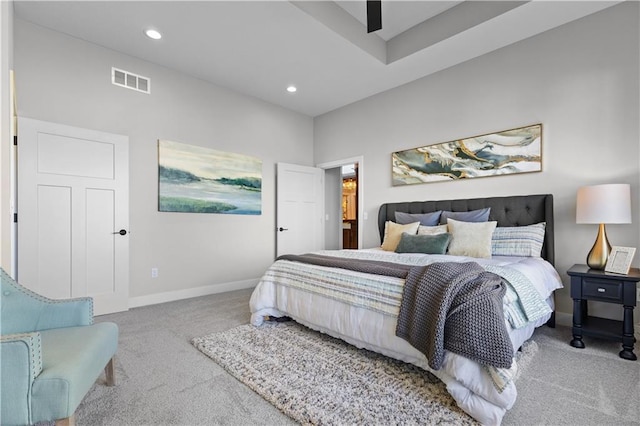 carpeted bedroom featuring recessed lighting, visible vents, baseboards, and ceiling fan