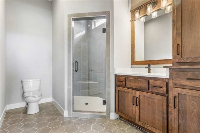 17147 S Heatherwood St, Olathe, KS 66062 - bathroom with vanity, toilet, a shower stall, baseboards, and tile patterned floors