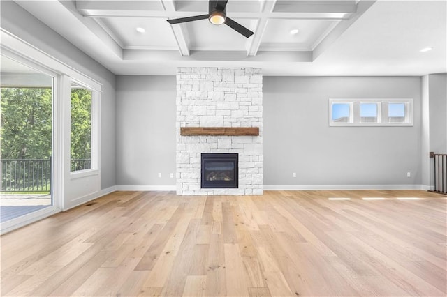 17147 S Heatherwood St, Olathe, KS 66062 - unfurnished living room featuring coffered ceiling, ceiling fan, light wood-type flooring, baseboards, and beam ceiling