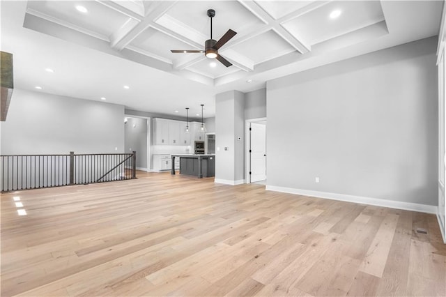 17147 S Heatherwood St, Olathe, KS 66062 - unfurnished living room with coffered ceiling, ceiling fan, light wood-style floors, beamed ceiling, and baseboards