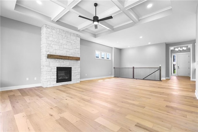 17147 S Heatherwood St, Olathe, KS 66062 - unfurnished living room with coffered ceiling, light wood-type flooring, ceiling fan, a chandelier, and baseboards