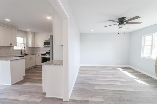 kitchen featuring light stone counters, stainless steel appliances, a sink, light wood-type flooring, and tasteful backsplash