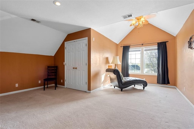 15498 Cedar Ln, Basehor, KS 66007 - living area featuring lofted ceiling, carpet, and a ceiling fan
