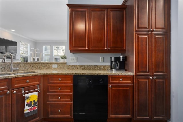 kitchen with light stone counters, a sink, black dishwasher, crown molding, and reddish brown cabinets