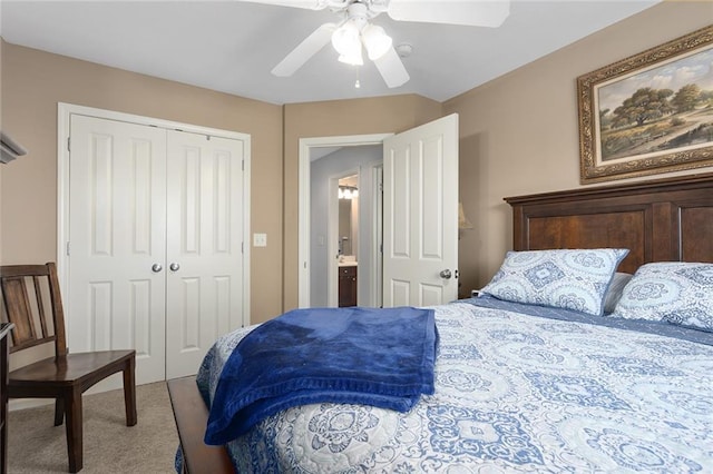 bedroom with a ceiling fan, a closet, and carpet floors