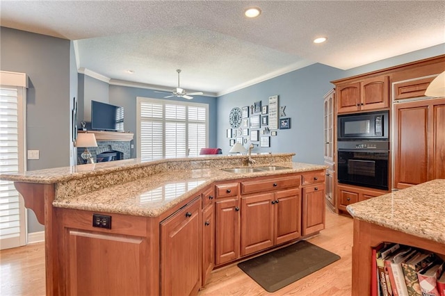 kitchen with a stone fireplace, light wood-style flooring, black appliances, and a sink