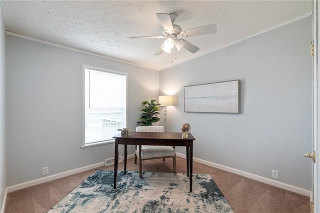 1310 Lawrence Ave, Kansas City, KS 66103 - office area featuring ceiling fan, a textured ceiling, carpet, and ornamental molding