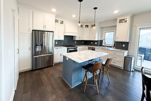 kitchen featuring premium range hood, appliances with stainless steel finishes, a sink, and dark wood-style floors