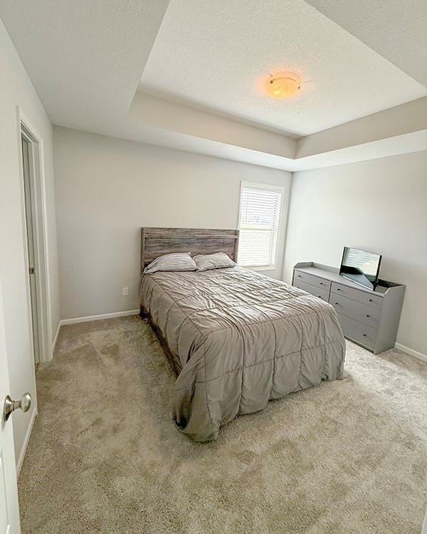 carpeted bedroom with baseboards and a textured ceiling