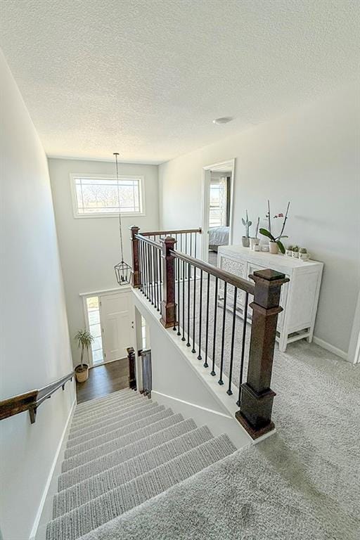 stairway with carpet floors, baseboards, and a textured ceiling