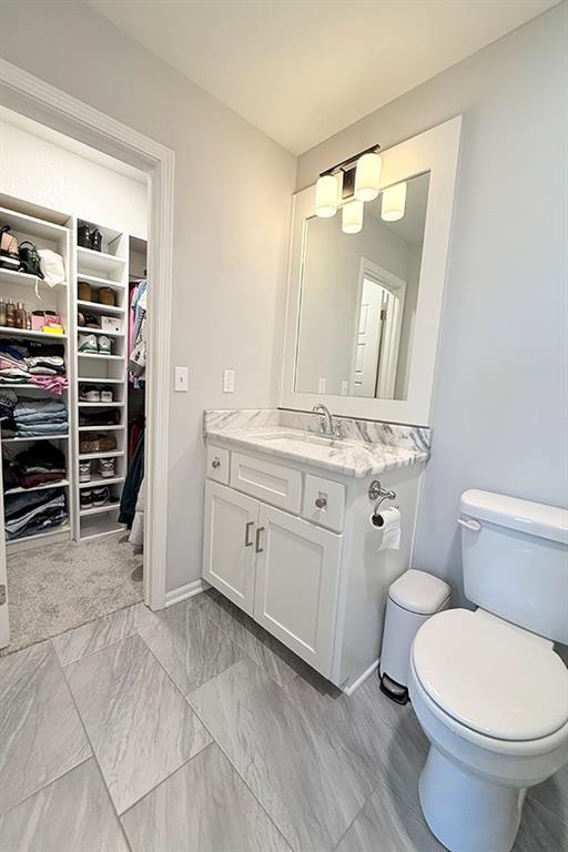 bathroom featuring toilet, a spacious closet, and vanity