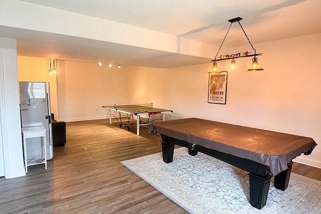 rec room with billiards, baseboards, and wood finished floors