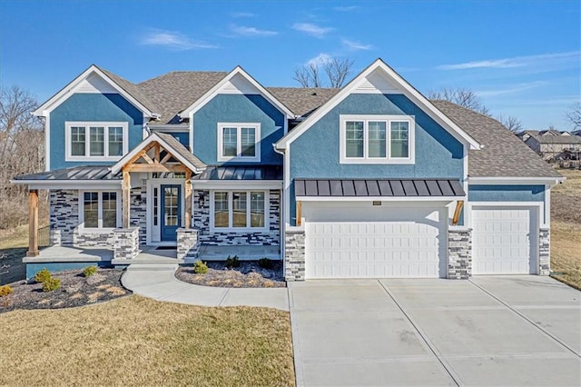 view of front facade featuring driveway, metal roof, a standing seam roof, and roof with shingles