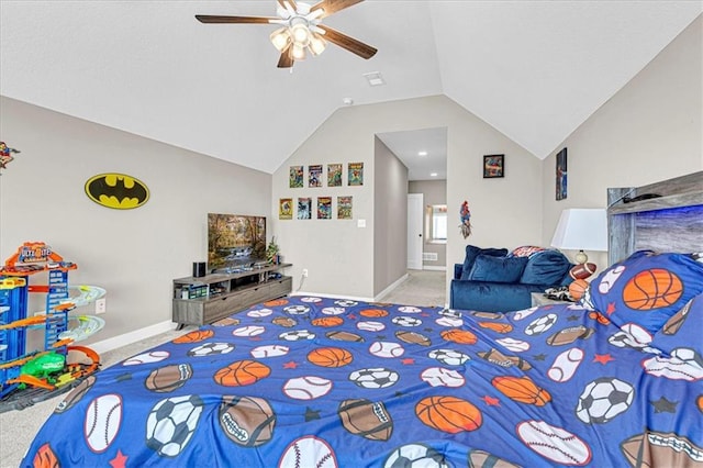 bedroom featuring lofted ceiling, carpet flooring, baseboards, and ceiling fan