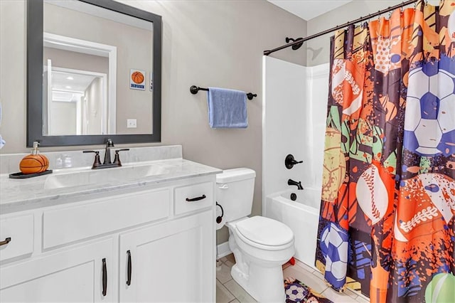 bathroom with tile patterned flooring, toilet, vanity, and shower / tub combo