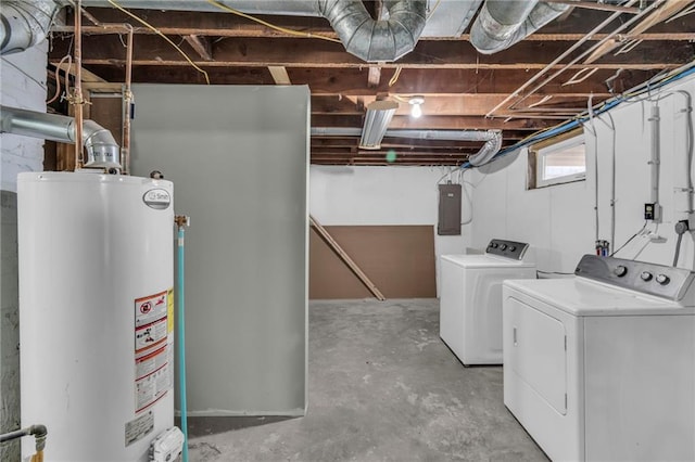 below grade area featuring electric panel, water heater, and washing machine and clothes dryer