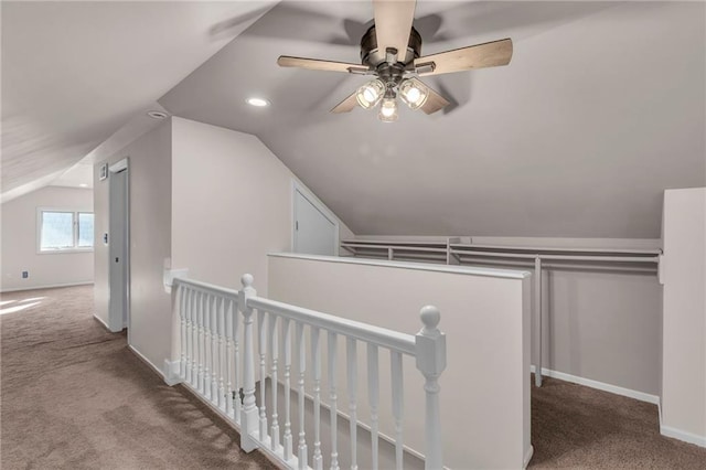 bonus room featuring a ceiling fan, baseboards, carpet floors, recessed lighting, and vaulted ceiling