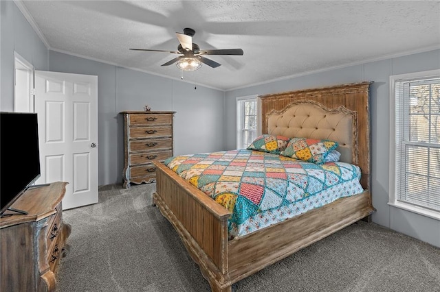 bedroom featuring carpet floors, a textured ceiling, and ornamental molding