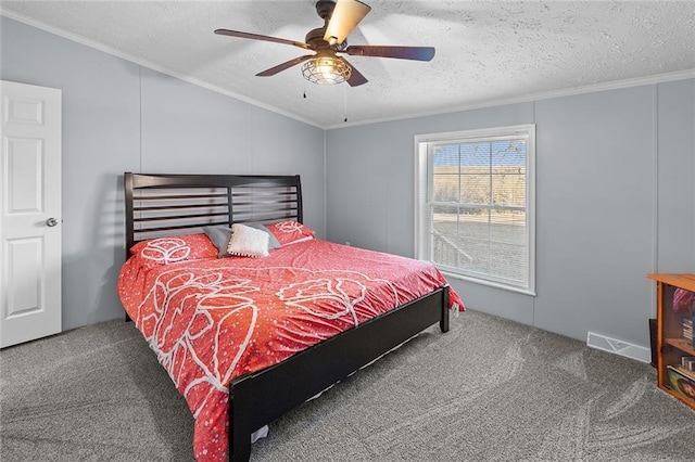 bedroom featuring vaulted ceiling, carpet floors, and ornamental molding