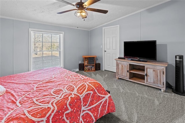 bedroom with a ceiling fan, a textured ceiling, carpet, crown molding, and vaulted ceiling