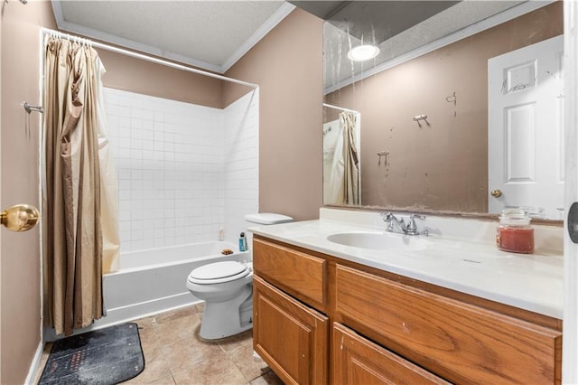 full bathroom featuring toilet, vanity, tile patterned floors, shower / bath combination with curtain, and a textured ceiling