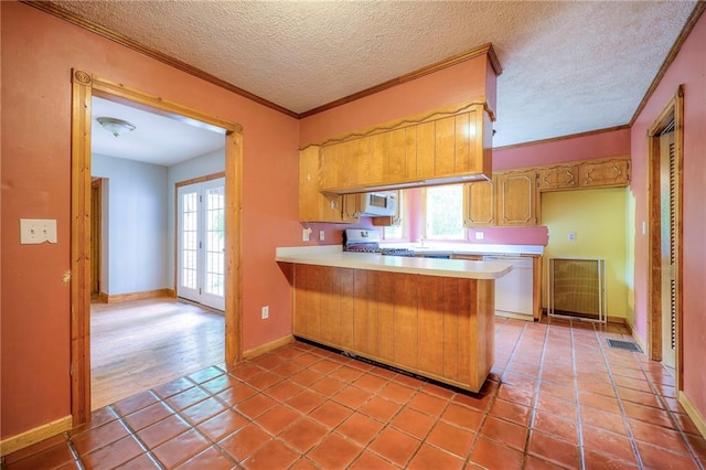 5200 NW Valley View Rd, Blue Springs, MO 64015 - kitchen featuring white appliances, a peninsula, light countertops, a textured ceiling, and baseboards