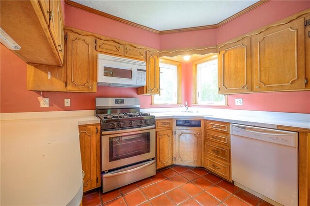 5200 NW Valley View Rd, Blue Springs, MO 64015 - kitchen featuring white appliances, light countertops, ornamental molding, tile patterned floors, and a sink