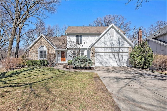 tudor house with a garage, stone siding, concrete driveway, and a front lawn