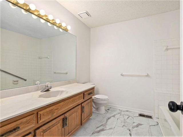 full bathroom featuring vanity, visible vents, a textured ceiling, toilet, and marble finish floor